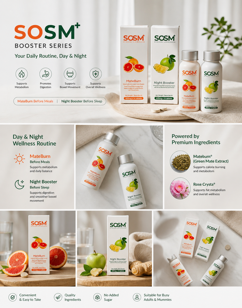 SOSM+ MateBurn & Night Booster | Day & Night Slim Support | Reduce Bloating & Cravings Halal | SOM1